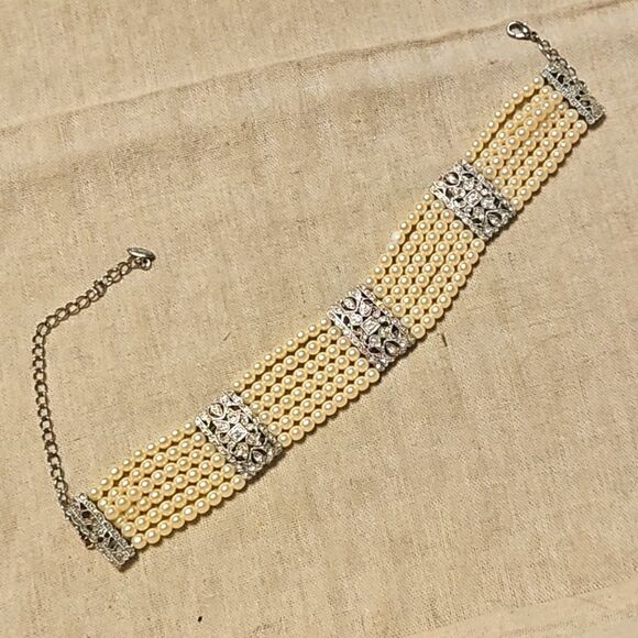 Vintage Eduardian Style Multistrand Faux Pearl Diamond Choker Necklace - Picture 5 of 11